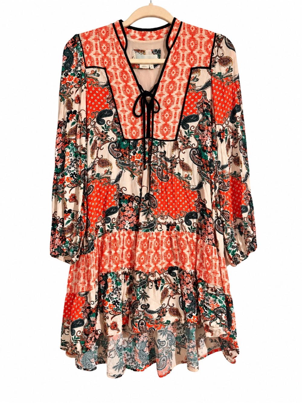 Anthropologie Orange and Cream Tiered Paisley Tie-Front Dress